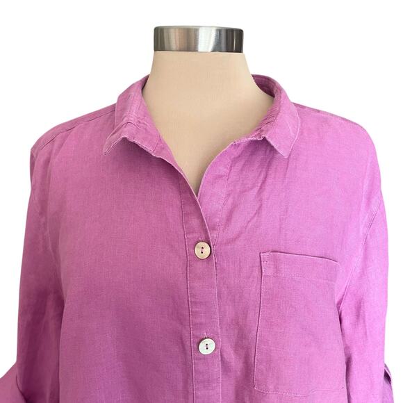 John Mark Pink 100% Linen Button Down Shirt Tie Front Size XL Roll Tab Sleeves - Picture 4 of 10
